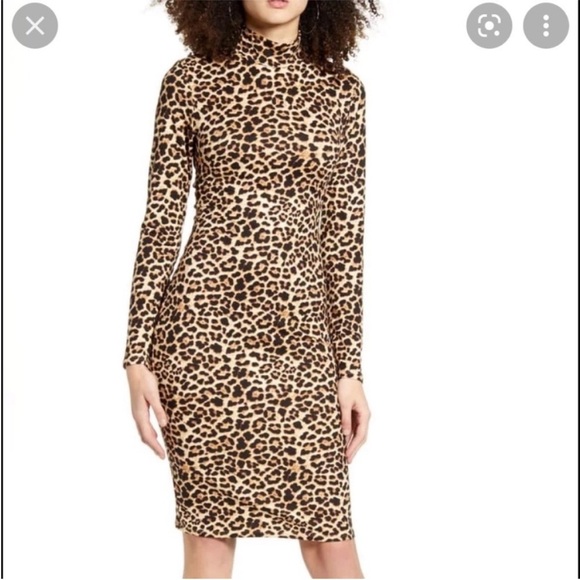 Leith Leopard Print Mock Neck Long Sleeve Bodycon Dress Tan Concord SZ XS - Picture 1 of 9